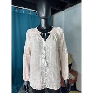 Joie Women's Embroidered Tunic Top Long Sleeve‎ Pink Boho Blouse Large